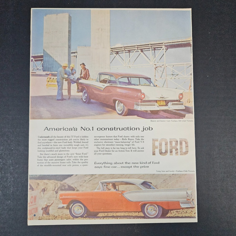 1957 Ford Fairlane 500 Club Victoria Vintage Print Ad Mancave Garage Shop Bar